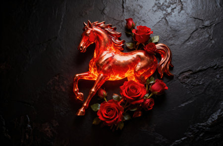 A stunning artistic rendering of a horse sculpture with fiery details, surrounded by vibrant red rosesの写真素材