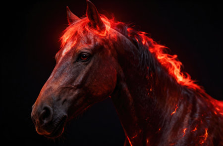 This striking image captures a horse with fiery mane and eyes, perfect for representing the Chinese...