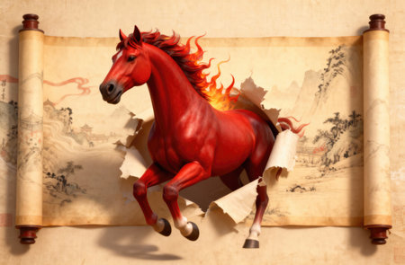 This vibrant artwork depicts the Chinese zodiac sign of the horse, symbolizing energy and freedomの写真素材
