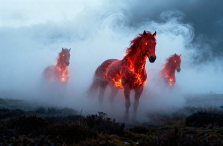 Three ethereal horses with burning manes and bodies gallop through a foggy landscape, creating a...