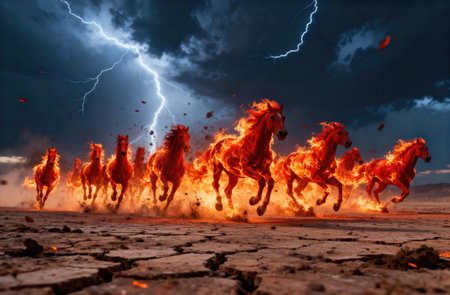 A herd of flaming horses races across a desolate landscape, illuminated by a striking display of lightningの写真素材