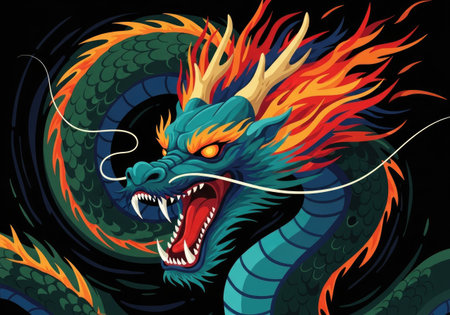 This colorful artwork depicts a powerful dragon, a symbol of strength and good fortune in Chinese cultureの写真素材