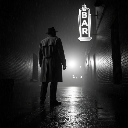 A mysterious figure stands in the rain, illuminated by a glowing bar sign, creating a noir atmosphereの写真素材