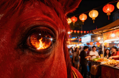 The eye of a horse reflects a vibrant night market scene, capturing the spirit of celebration and the upcoming year of the Fire Horseの写真素材