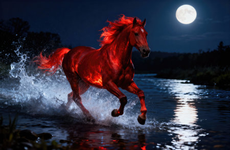 A majestic red horse with a fiery mane and body runs through the water under a bright full moon at nightの写真素材