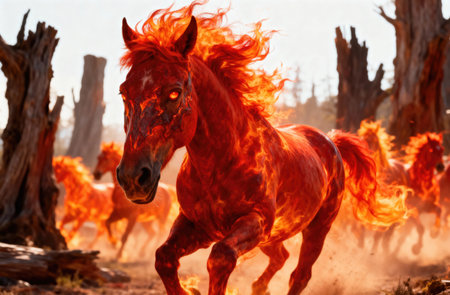 This image captures a majestic horse engulfed in flames, evoking a sense of strength and untamed spiritの写真素材
