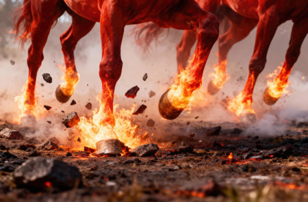 This image captures the powerful movement of horses with their hooves engulfed in flames, creating a dramatic sceneの写真素材