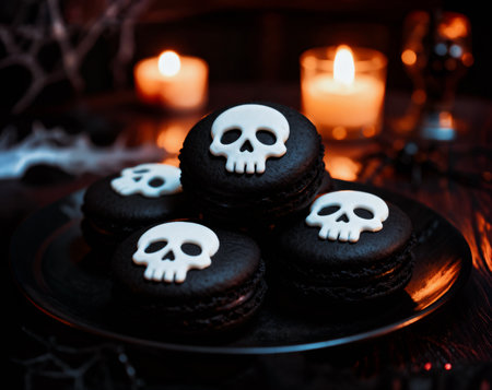 Delicious black macarons with white skull decorations are perfect for a spooky Halloween celebrationの写真素材