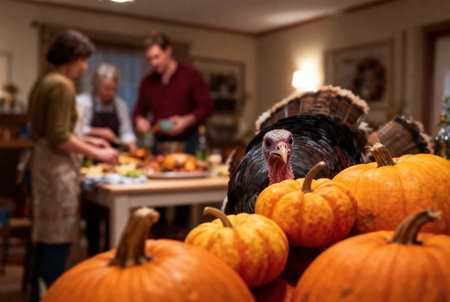 A festive turkey and pumpkins are the focus of a family gathering, celebrating the holiday seasonの写真素材