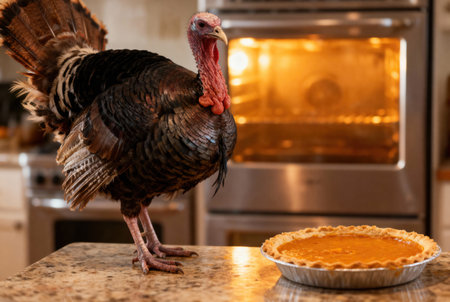 A large turkey stands proudly next to a freshly baked pumpkin pie, ready for the holiday feastの写真素材