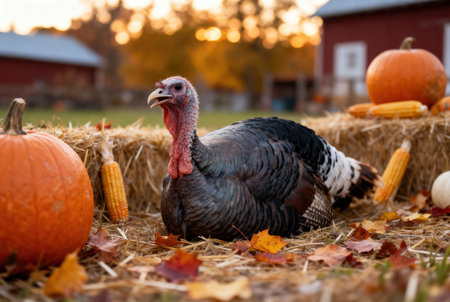 A large turkey is surrounded by pumpkins, corn, and hay bales, perfect for the fall seasonの写真素材