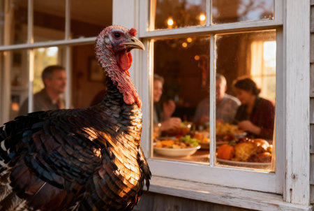 A curious turkey looks on as a family enjoys a festive meal together, creating a heartwarming sceneの写真素材
