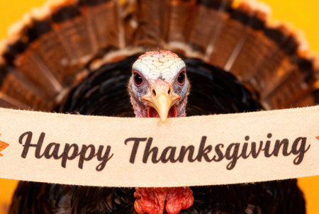 A festive turkey holds a banner wishing everyone a Happy Thanksgiving celebrationの写真素材