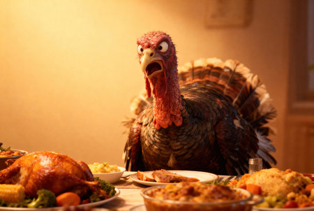 A comical turkey looks on at a Thanksgiving feast, perhaps realizing its fateの写真素材