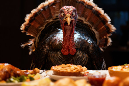 A comical turkey looks with wide eyes at the delicious food laid out for the holiday feast