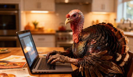 A turkey is shown typing on a laptop, likely planning a delicious feast for the holiday seasonの写真素材