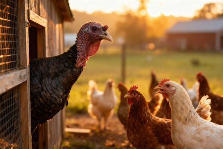 A beautiful sunset bathes the farm scene, highlighting the fowl and their rustic surroundingsの写真素材