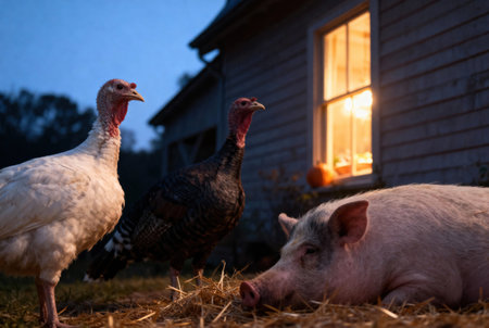 Two turkeys and a pig rest on the grass near a house, with a warm light emanating from the windowの写真素材