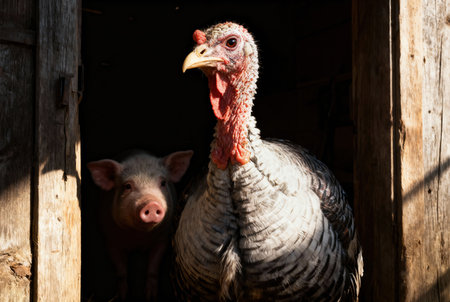 A large turkey and a small pig stand side-by-side in a barn doorway, creating a unique farm sceneの写真素材