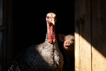 A curious turkey and pig peek out from a barn, creating a charming and unexpected sceneの写真素材