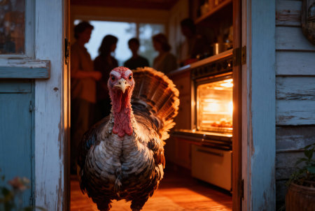 A curious turkey stands in the doorway of a warm kitchen, as a family prepares a festive mealの写真素材