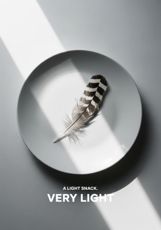 A single feather rests on a plate, offering a satirical commentary on the concept of a light dinnerの写真素材