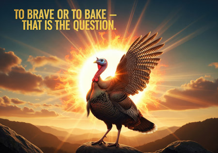 A majestic turkey stands before a blazing sun, pondering a classic holiday dilemma