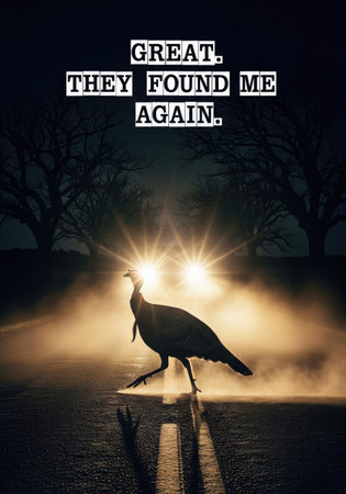 A humorous depiction of a turkey's perspective on a road at night, perfect for Thanksgiving...