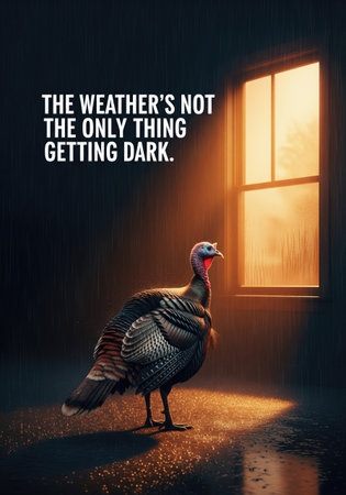 A turkey stands in the rain, contemplating its fate, a satirical take on the holiday seasonの写真素材