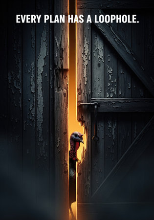 A turkey humorously observes from behind a door, offering a satirical take on Thanksgivingの写真素材