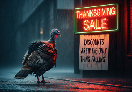 A humorous scene depicts a turkey contemplating a sign about falling discounts during a rainy Thanksgiving saleの写真素材