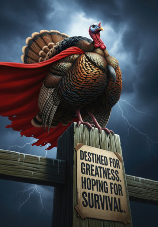 A humorous depiction of a turkey dressed as a superhero, ready for Thanksgiving dinnerの写真素材