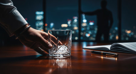 A person's hand is reaching for a glass, with a pen and open book on the table, and a city skyline in the backgroundの写真素材