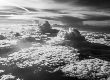 An amazing view of the clouds from above, with the sun shining through the clouds creating a beautiful sceneの写真素材