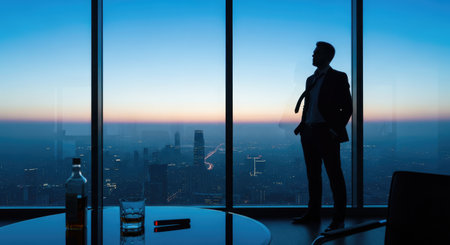 A man in a suit stands by a window, contemplating the city lights with a drink nearbyの写真素材