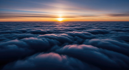 The sun sets over a vast expanse of clouds, creating a breathtaking display of color and lightの写真素材