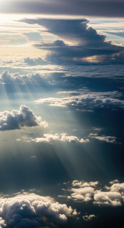 The sun's rays pierce through the clouds creating a stunning display of light and shadowの写真素材