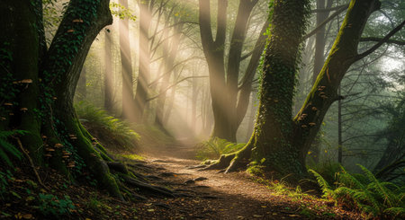 The path winds through a lush forest, with sunlight filtering through the trees, creating a serene...