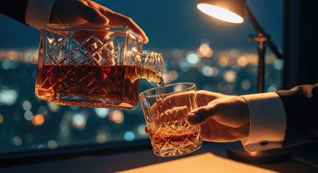 A close up of hands pouring amber liquor into a crystal glass, with a blurred cityscape in the backgroundの写真素材