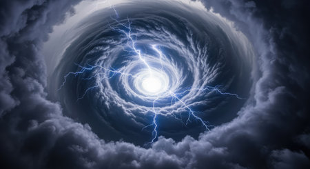 A powerful storm with a bright eye and bolts of lightning is captured in this dramatic view