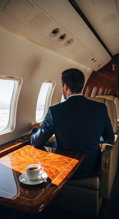 A man in a suit is seen from behind, gazing out the window of a luxurious private aircraft, with a cup of coffee nearbyの写真素材