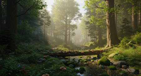 Sunlight filters through the trees, illuminating the vibrant green foliage and moss-covered rocks