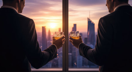 Two men in suits raise a toast with glasses of whiskey, overlooking a stunning cityscape at duskの写真素材