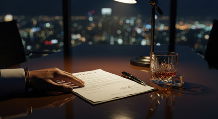 A hand reaches for a contract on a table with a glass of whiskey and a city skyline in the backgroundの写真素材