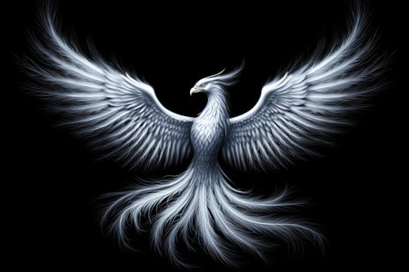 A stunning illustration of a mythical phoenix bird with detailed feathers and a striking poseの写真素材