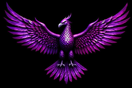 The mythical creature is rendered in stunning detail, showcasing vibrant purple hues and intricate feather patternsの写真素材