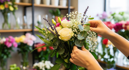A florist carefully arranges a colorful bouquet of flowers, creating a stunning floral arrangementの写真素材
