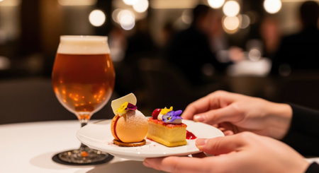 A plate of exquisite desserts is presented alongside a glass of beer, creating a delightful culinary experienceの写真素材