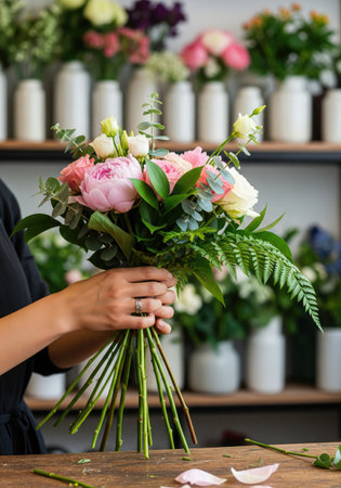 A florist carefully holds a fresh bouquet of flowers, ready to be presented or soldの写真素材