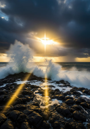 A radiant cross of light shines over the ocean, symbolizing hope and faith in a dramatic seascapeの写真素材